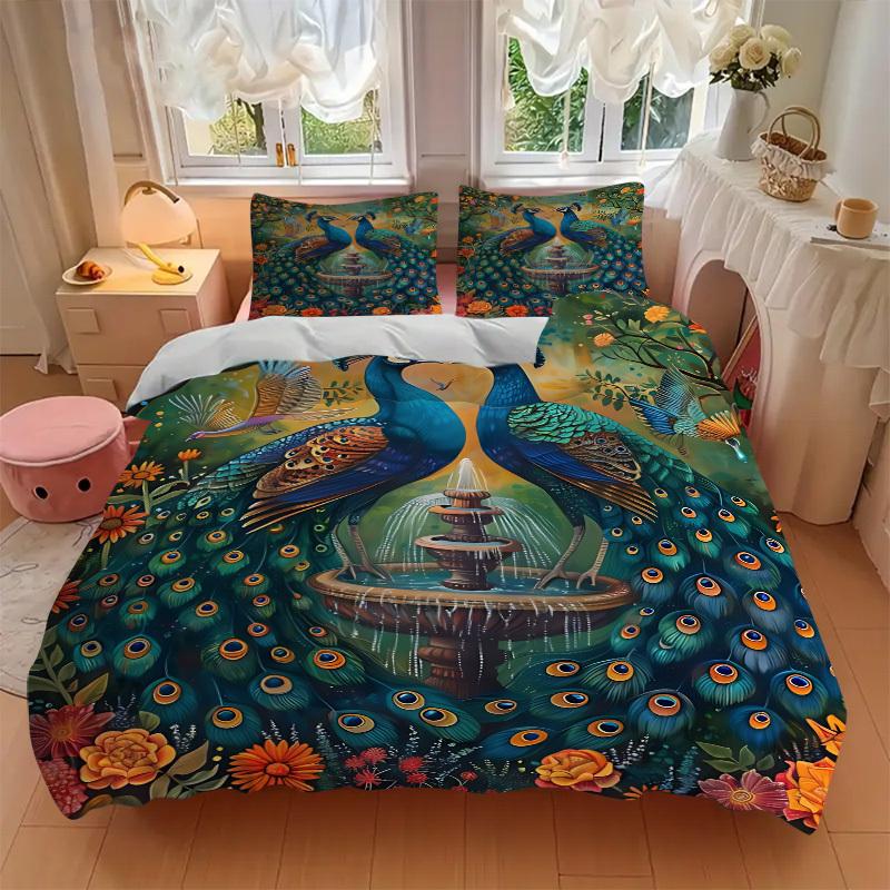 3pcs Peacock Garden Fountain Duvet Cover Set, Cover For Bedroom Guest Room (1 Duvet Cover + 2 Pillowcase, Without Quilt), yy250922132