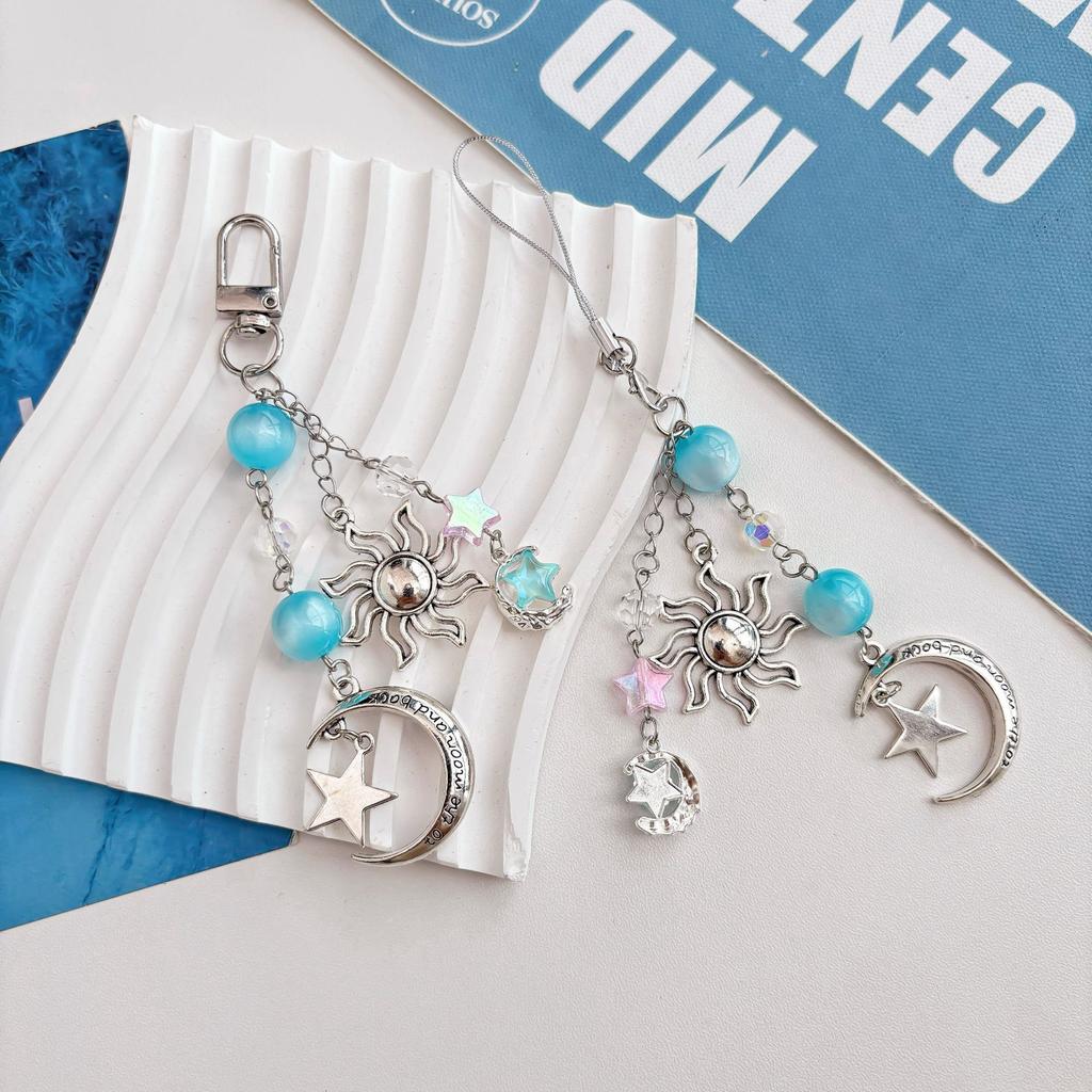 Cute Beaded Keychain Fade-Resistant Celestial Charm Keychain Sun Moon Star Keychain Unique Phone Lanyard Key Ring For Bag