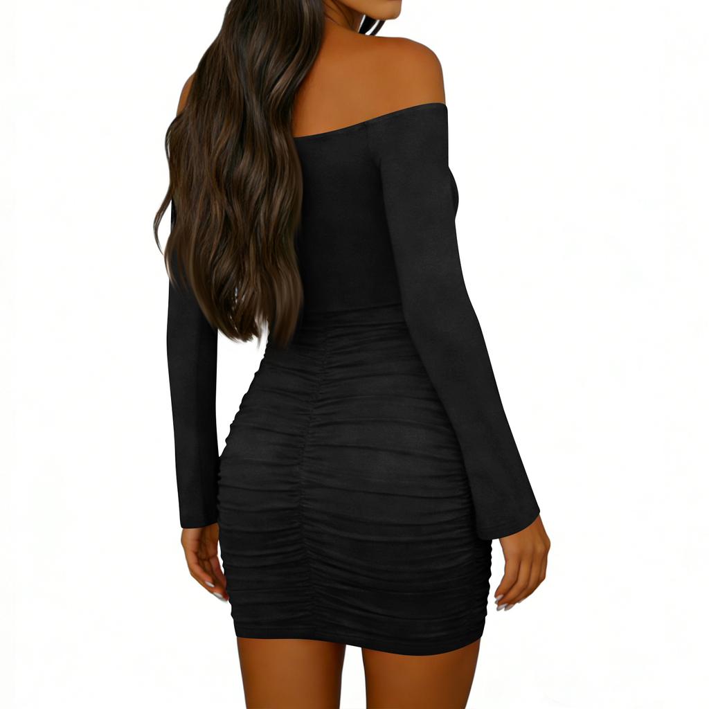 Nowość dla kobiet Seksowna Sukienka Bodycon z odkrytymi ramionami, długim rękawem, plisowana, w jednolitym kolorze