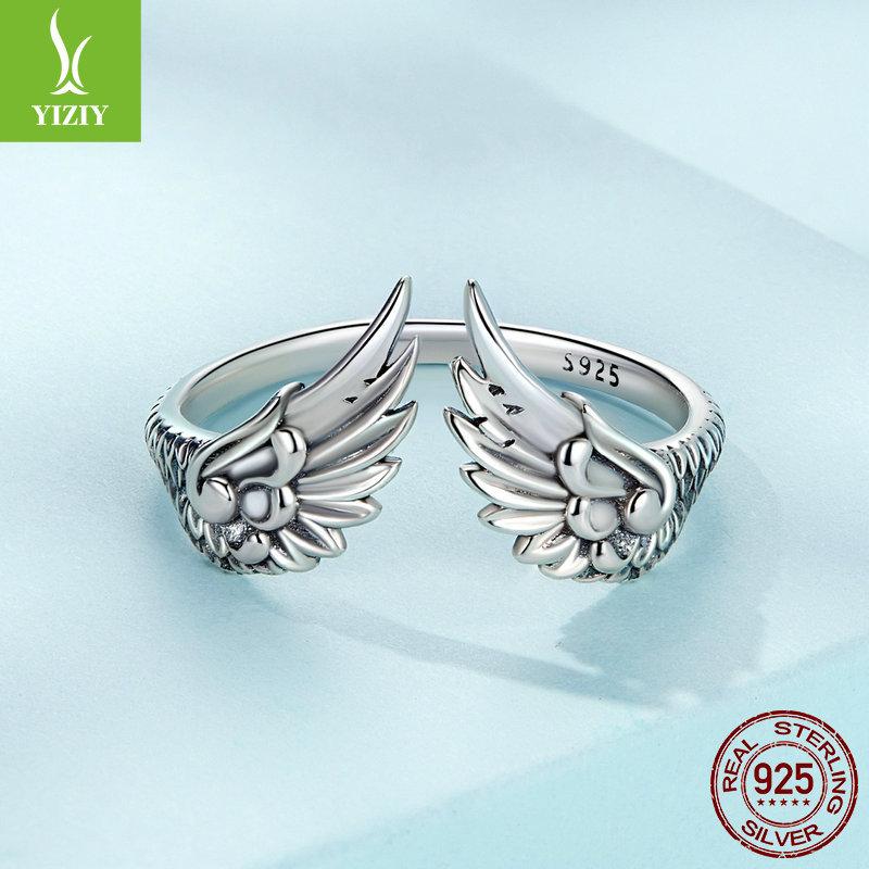 S925 Silver Wings Open Ring Men'S And Women'S, Vintage Feather Ring Jewelry Scr887