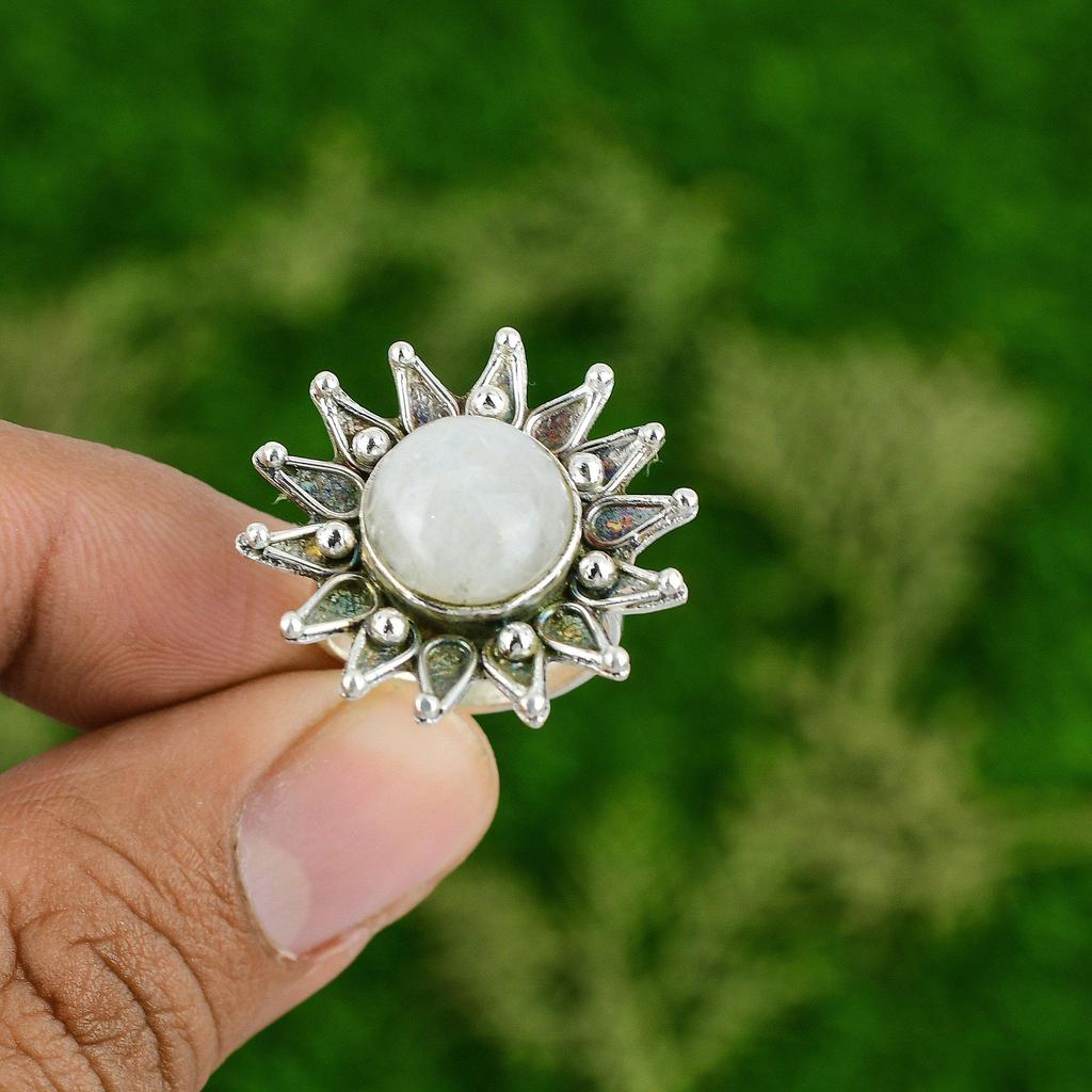 Mothers day Sale Sterling Silver Natural Rainbow Moonstone Flower Promise Ring