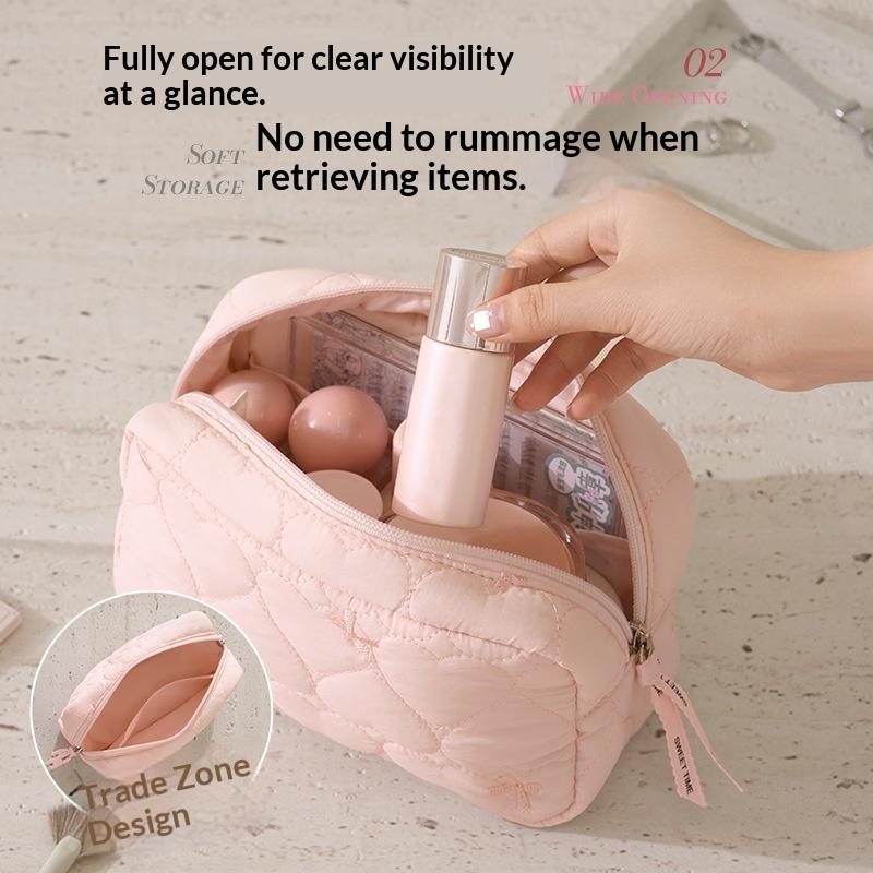 Soft Puffy Heart Quilted Cosmetic Bag Large Capacity Durable Zipper For Daily Travel Skincare Makeup Storage