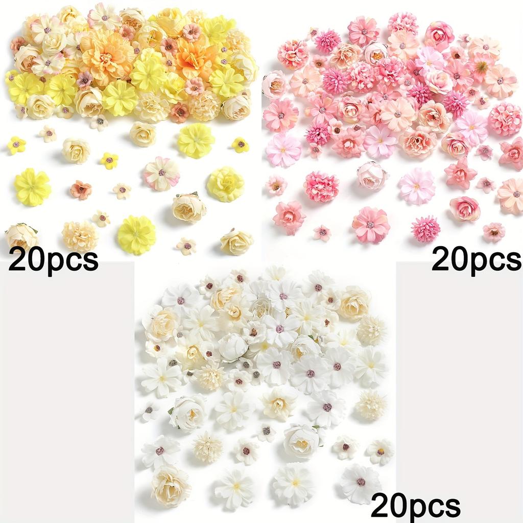 60Pcs Mix Artificial Flowers Head Silk Rose Fake Flowers for Home Room Decor Wedding Decoration Craft Gifts Wreath Accessories