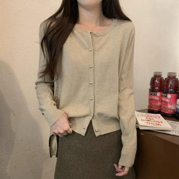 Herbst Koreanischer Stil Rundhals Cardigan Einreihiger Knopf Gestricktes Oberteil Weicher Wachsiger Schlankmachender Mantel für Damen