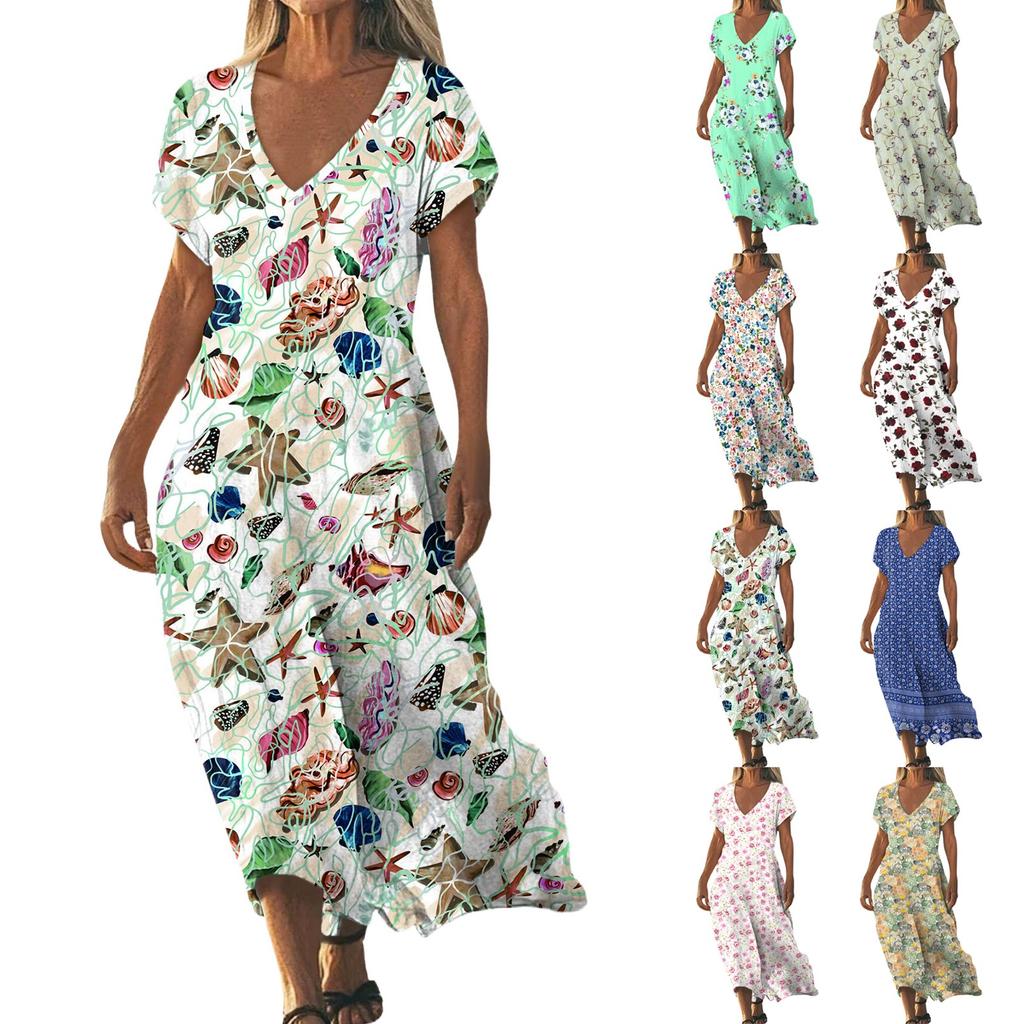Summer Dress Women's Long Boho Beach Dress Elegant Maxi Dress V-Neck Short Sleeve Summer Tunic Dress Light Airy