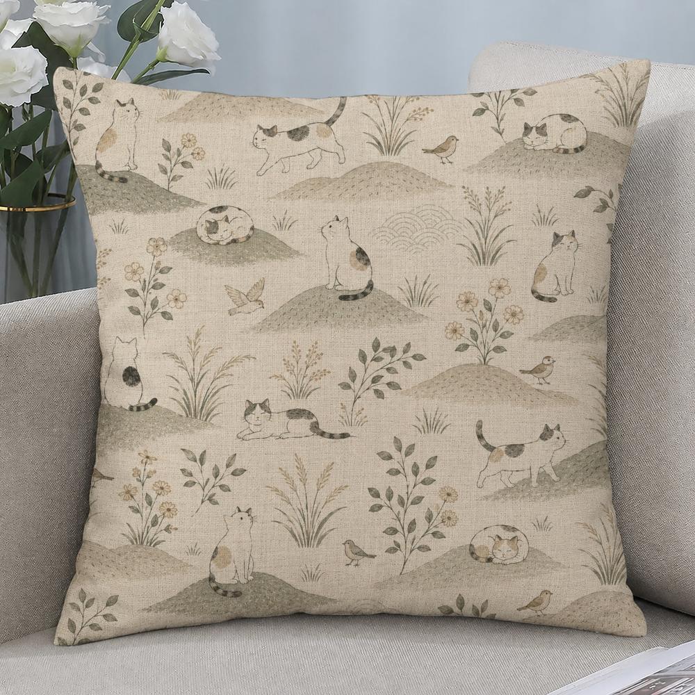 Style Japanese Natural Handdrawn Cushion Cover Cushion Covers Natural Linen Breathable Sofa Bedroom Decor Pillowcase
