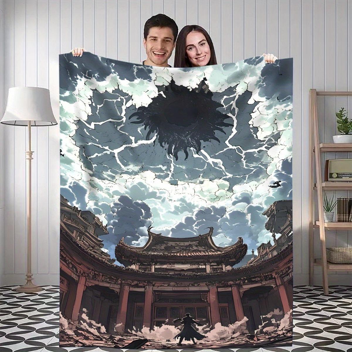 1pc Breaking the Sky Blanket - Dramatic Dark clouds, Pagoda & Lightning Design in Black/Gray/Red/White/Blue - Soft Flannel Throw 75x90cm28x35in