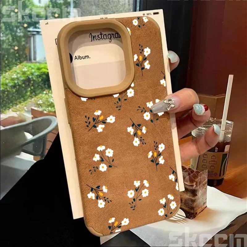 Line Flower Sunflower Bonded Leather Phone Case For iPhone 16 15 14 13 12 11 Pro XS Max XR X 15 Plus 16 Pro Max Matte Back Cover