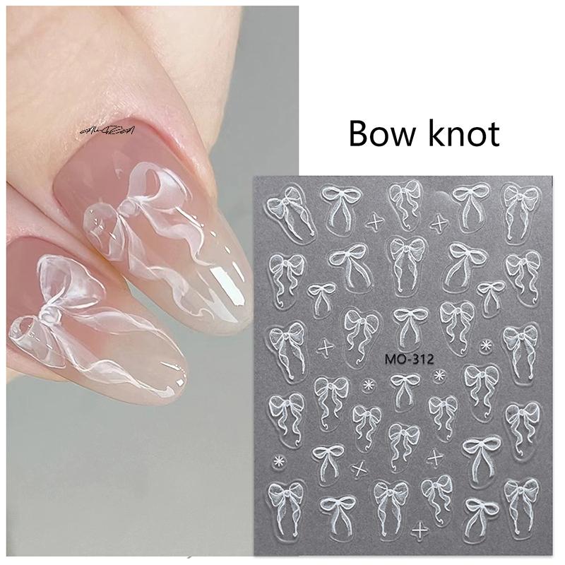 White Ribbon Bowknot 3D Embossed Relief Nail Art Decoration Stickers 1 Sheet Manicure Tool Decals for Creative Nail Design