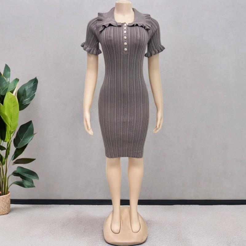 Vintage French Style Knit Dress With Puff Sleeves For Summer Casual Wear