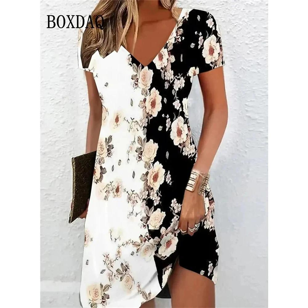 Женские платья Летний Повседневный Тренд Свободный V-образный вырез Женские Контрастный цвет Цветочный принт Одежда S
