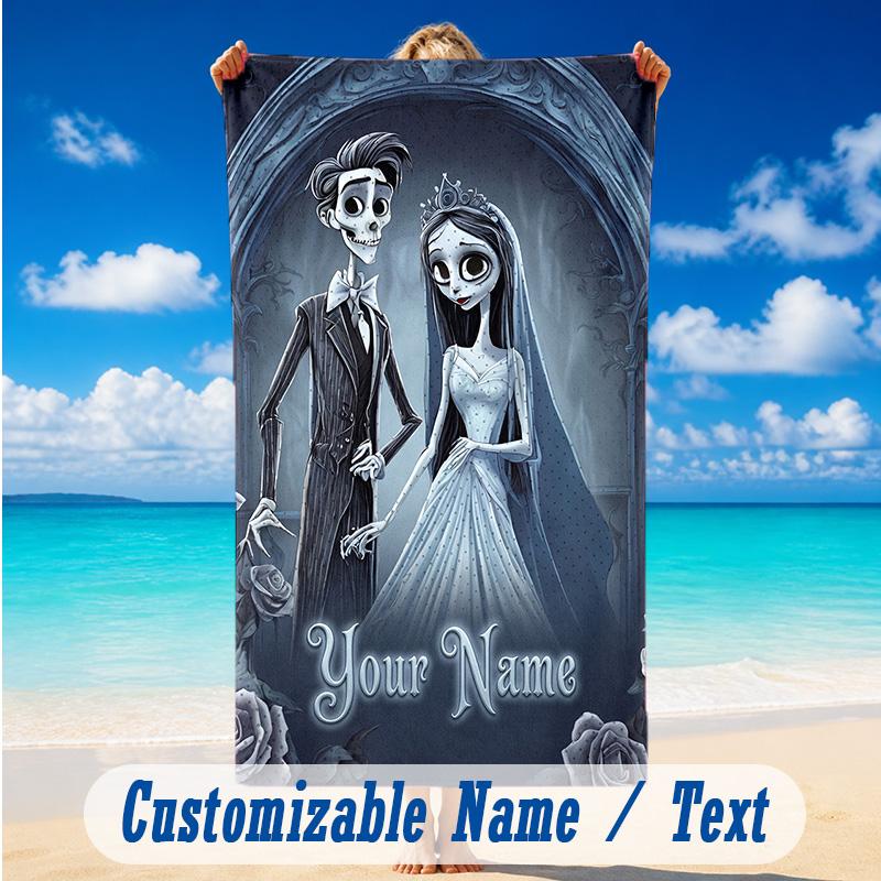 Beach Towel Custom Name Text, Quick Dry Large Towel For Beach HomeCorpse Bride Emily Victor