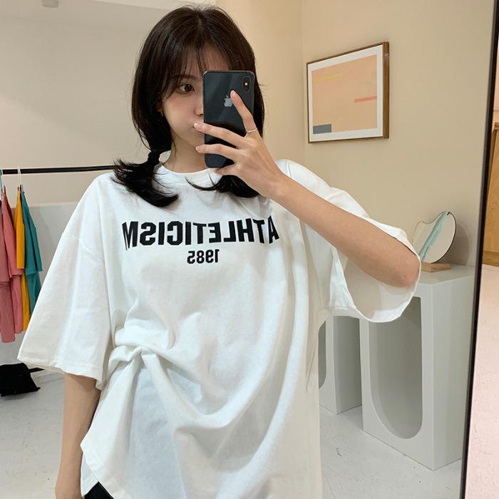 

Cotton simple letter t-shirt women s short sleeve trendy design sense niche summer ins Korean version top S белый