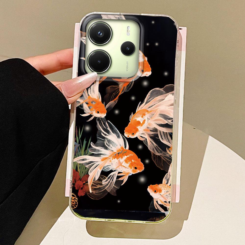 Koi Goldfish Sparkle Black Glossy Phone Case for Xiaomi Redmi Note 14 13 12 11 11S 10 9 8 Pro 9C 13C 14C A5 A3 A4 A3X A1 Cover