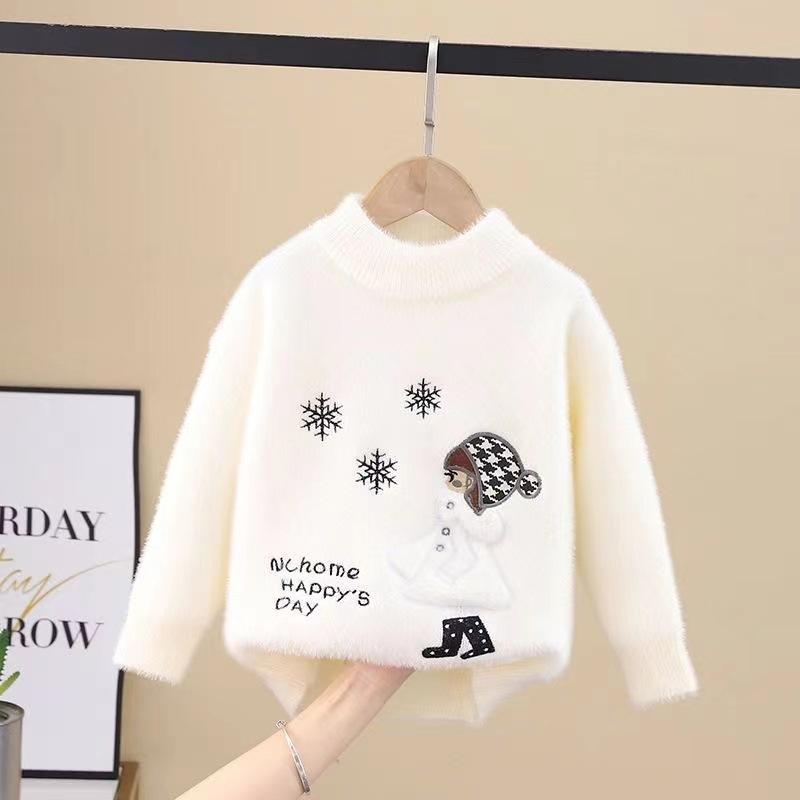 Herbst Winter Kinderpullover Mädchen Rundhals Strickware Nerzdaune Kinder Western Cartoon Langarm