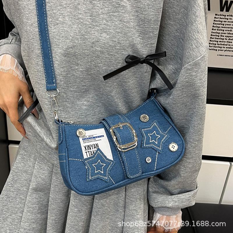 New fashion personalized millennial babes y2k babes black star denim underarm bag niche messenger chain bag