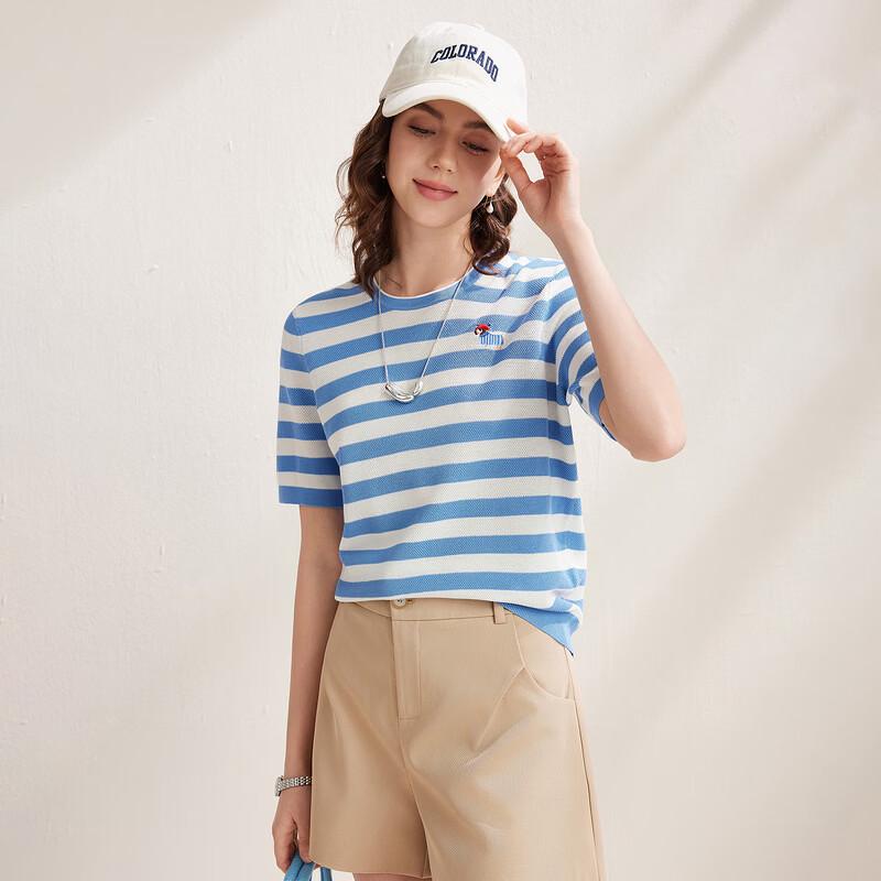 Zhaojun Silk Blend Striped Knit Short Sleeve T-Shirt
