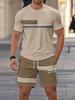 Men's Outdoor Outfit Set, Summer Trendy Fashion Short-Sleeve Crew Neck Creative Quick-Dry T-Shirt Top + Shorts, 3D Digital Print Vintage Style Striped