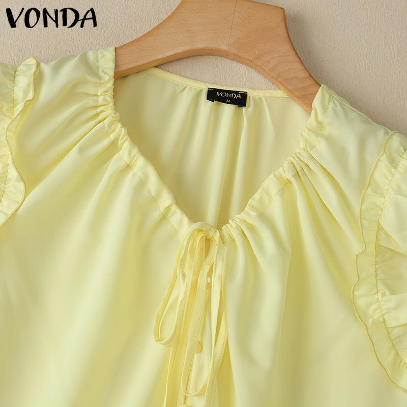 VONDA Summer Women V Neck Ruffled Sleeveless Buttons Up Casual Tank Tops