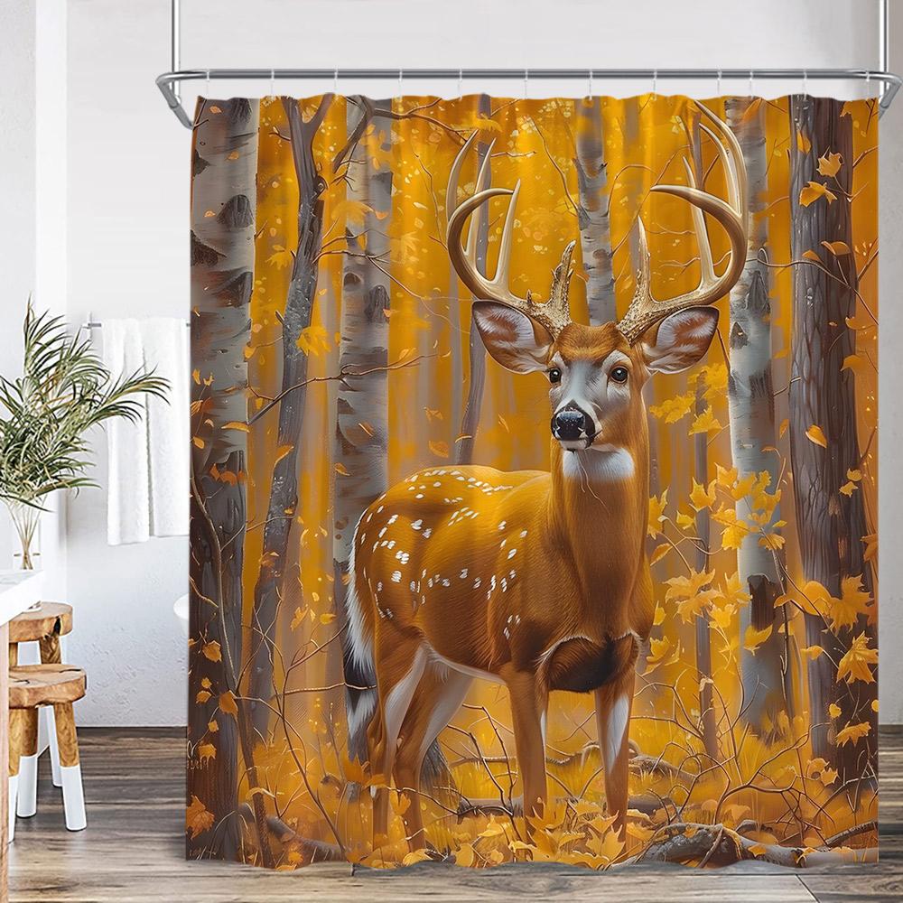 Herbstwald Duschvorhang Hirsch Hochlandrind Tiger Wildtier Natur Herbstlandschaft Badezimmerdekoration Polyester Duschvorhang