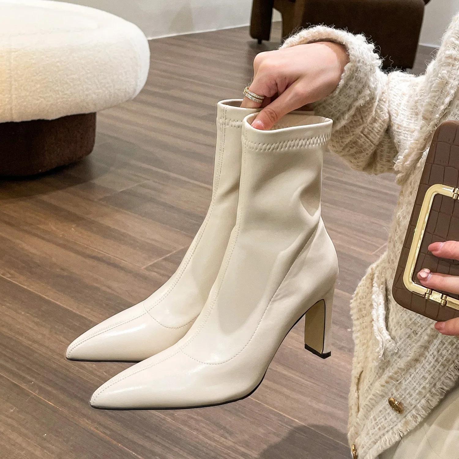 

модные женские ботильоны модные с острым носком женские элегантные короткие сапоги на квадратном высоком каблуке осень-зима женская обувь 2024 39 белый