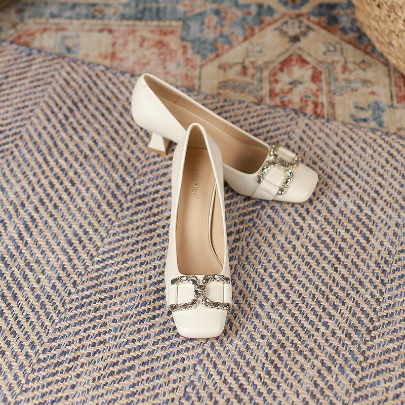 8-3 Square Head Thin Heel Single Shoes Spring and Autumn New Comfortable Metal Buckle Fashion High Heels Women