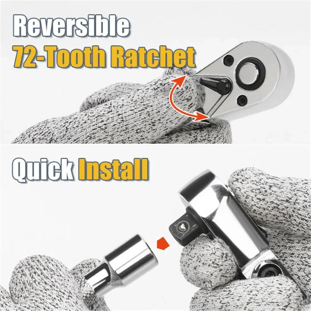 Flex Head Ratchet Set 1/4" 3/8" 1/2" Drive 180° Adjustable Swivel Head Ratchet Wrench with Extension Bar 72 Tooth 6 Pcs