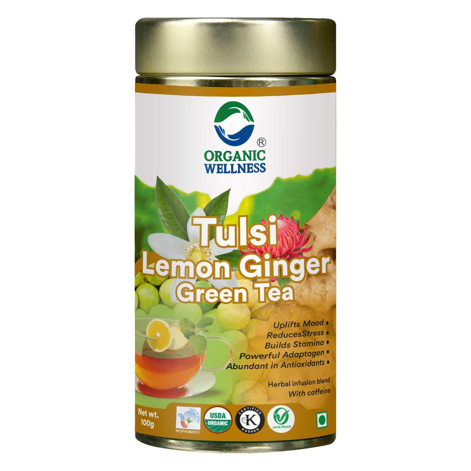 Organic Wellness Tulsi Lemon Ginger Green Tea 100g Tin | Herbal Loose Leaf Tea | Rich in Antioxidants | Supports Digestion & Weight Managem