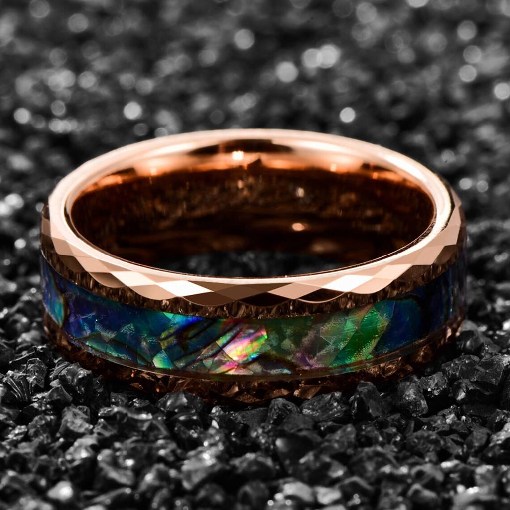 Fashion 8MM Rose Gold Color Stainless Steel Rings For Men Women Colorful Abalone Shell  Inlaid Men Rings Wedding Party Jewelry