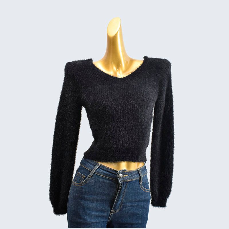 Autumn and Winter V-neck Short Long Sleeve Solid Knitted Faux Mink Velvet Pullover Top Women Clothes High Waist Bottoming Shirt