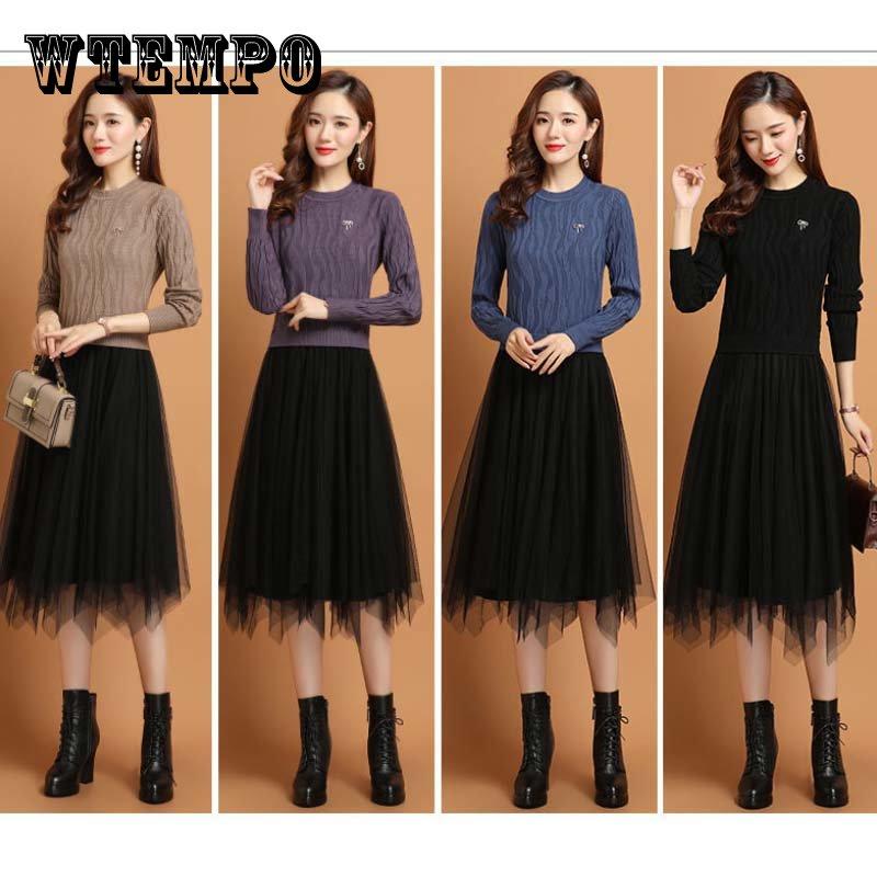 

Новинка 2021 года, женское осенне-зимнее платье средней длины из двух частей, универсальная трикотажная нижняя рубашка, внутреннее платье