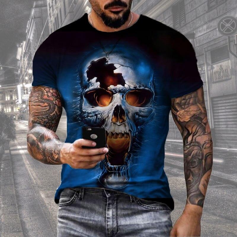 Černé tričko Lebka Pánské Punk Tričko Lebka Rock Gun Modré tričko Tričko s 3D potiskem Retro gotické pánské oblečení letní top