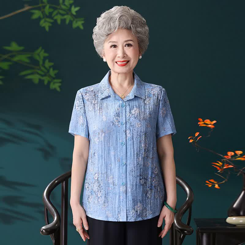 Middle-Aged & Elderly Women's Summer Loose Short Sleeve Collared Shirt