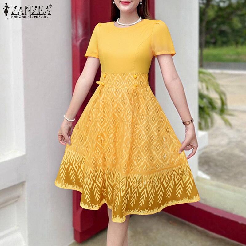 ZANZEA Women Summer Casual Round Neck Short Sleeve Patchwork Print Dres