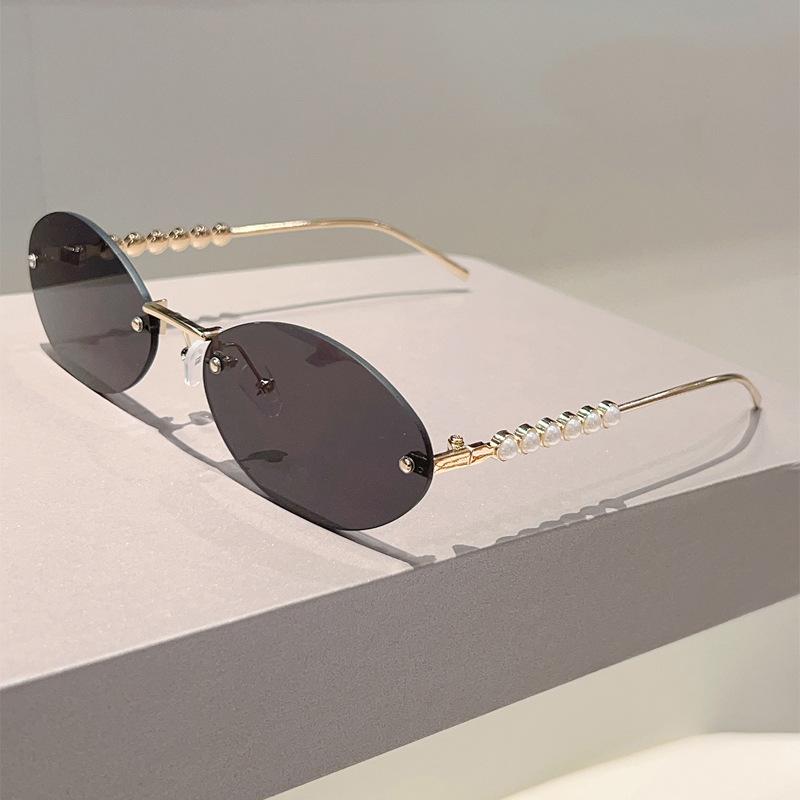 Vintage Rimless Oval Sunglasses Women For Men Luxury Brand Designer Sun Glasses Punk Popular Pearl Metal Eyeglasses Uv400