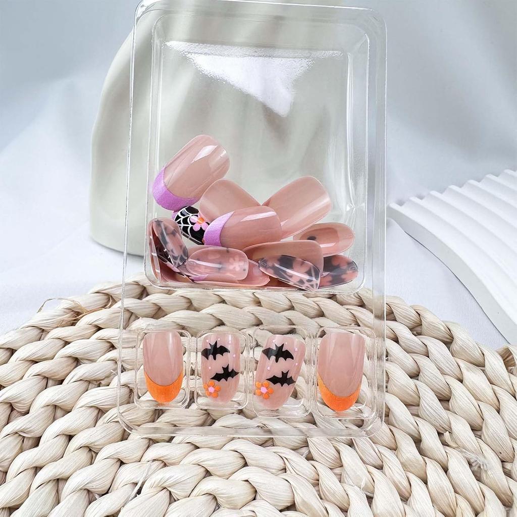 ONPRESS 24Pcs Halloween Press on Nails Short Almond Fake Nails with Ghost Face Spooky Bat Spider Web Design False Nails Orange Pink French Tip Glue