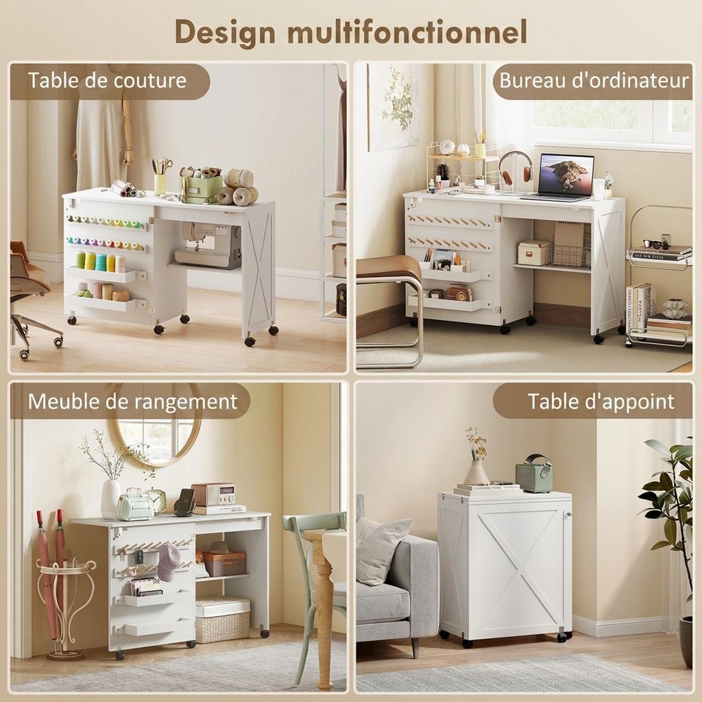 Folding Sewing Table, Rolling Cabinet, Magnetic Barn Door, 2 Bins, Shelf, 18 Pegs, White