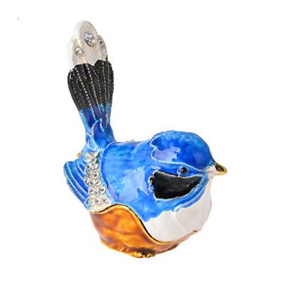 FJ FENGZHIJIE Bluebird Trinket Box, Golden Crystal Enamel Hand-Painted Hinged Bird Jewelry Box, Elegant Home Decor & Unique Gift for Bird Lovers
