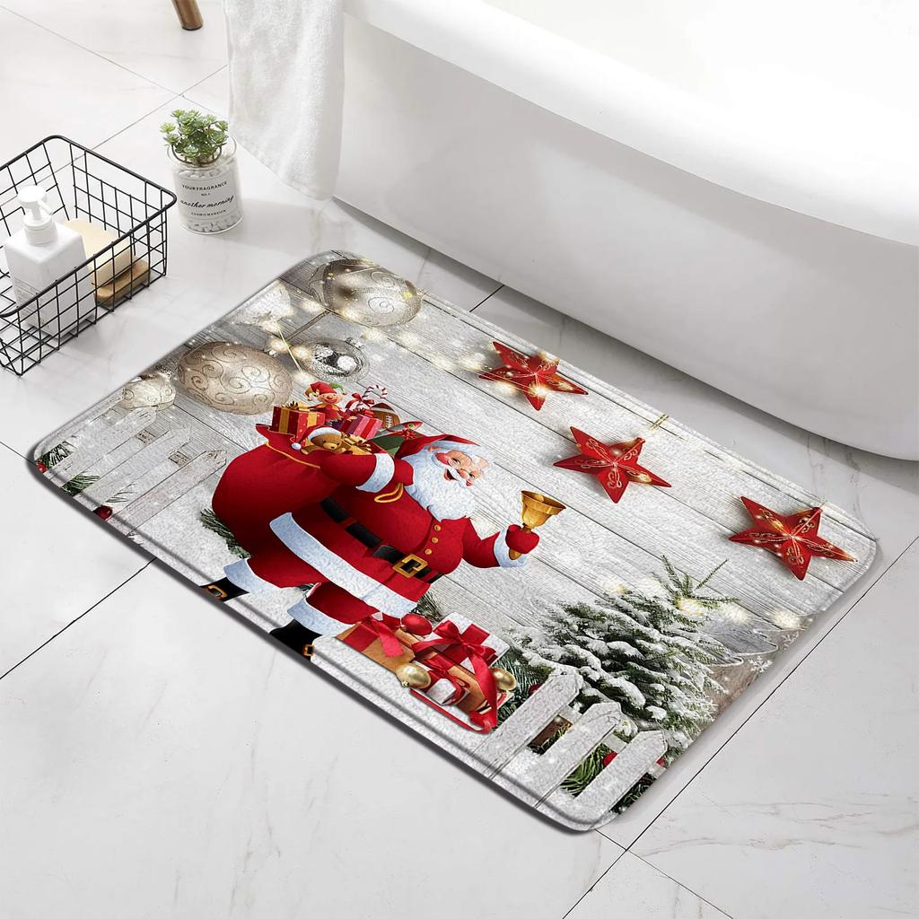 Red Christmas Shower Curtain Set Funny Santa Claus Gift Green Pine Branches Xmas Balls Home Bathroom Decor Bath Mat Toilet Cover