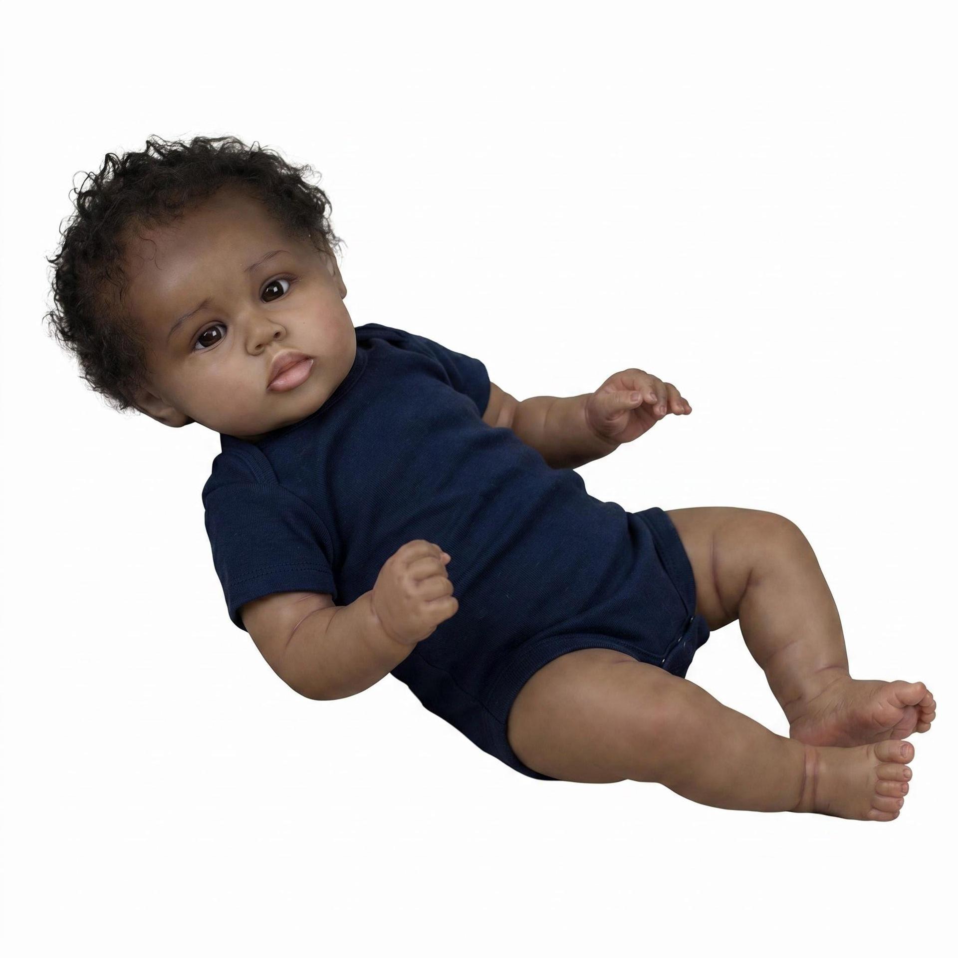

Lifelike 48cm Dark Skin Newborn Doll Soft Cloth Body Bebe Reborn Doll Hand Rooted Curly Hair Rebirth Dolls for Kids Xmas Birthday Gifts Collection Toy cloth body