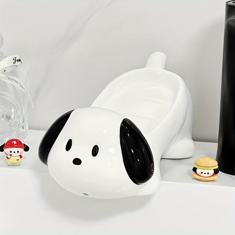 Cute Black White Dog Ceramic Soap Dish, Heart Cutout Draining Oval Soap Holder for Bathroom Kitchen Counter Decor