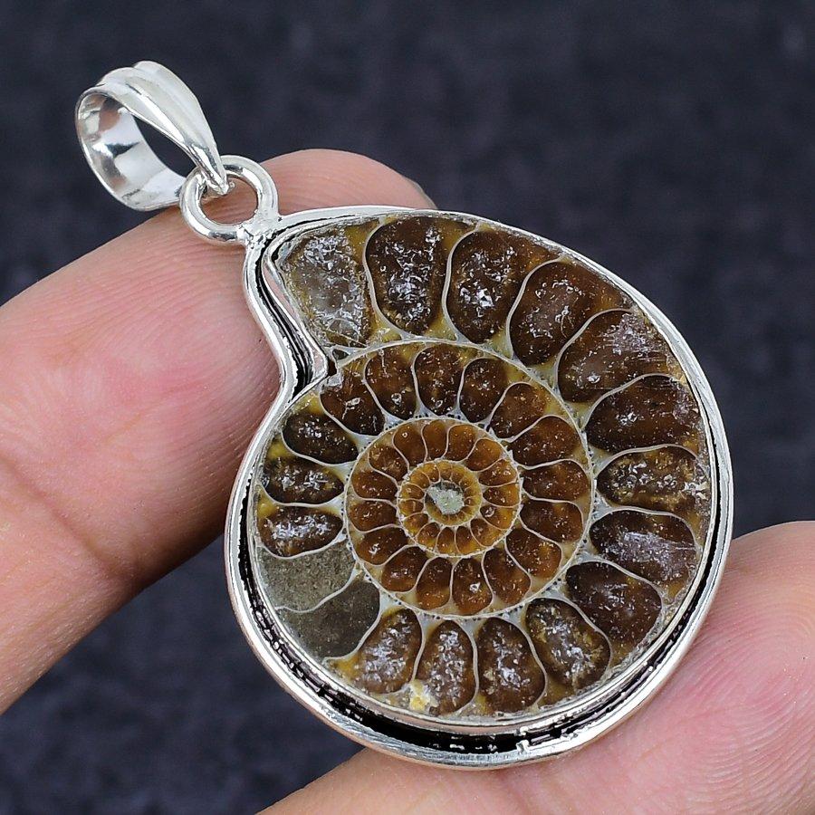 Ammonite Fossil Gemstone 925 Sterling Silver Jewelry Pendant 1.97"