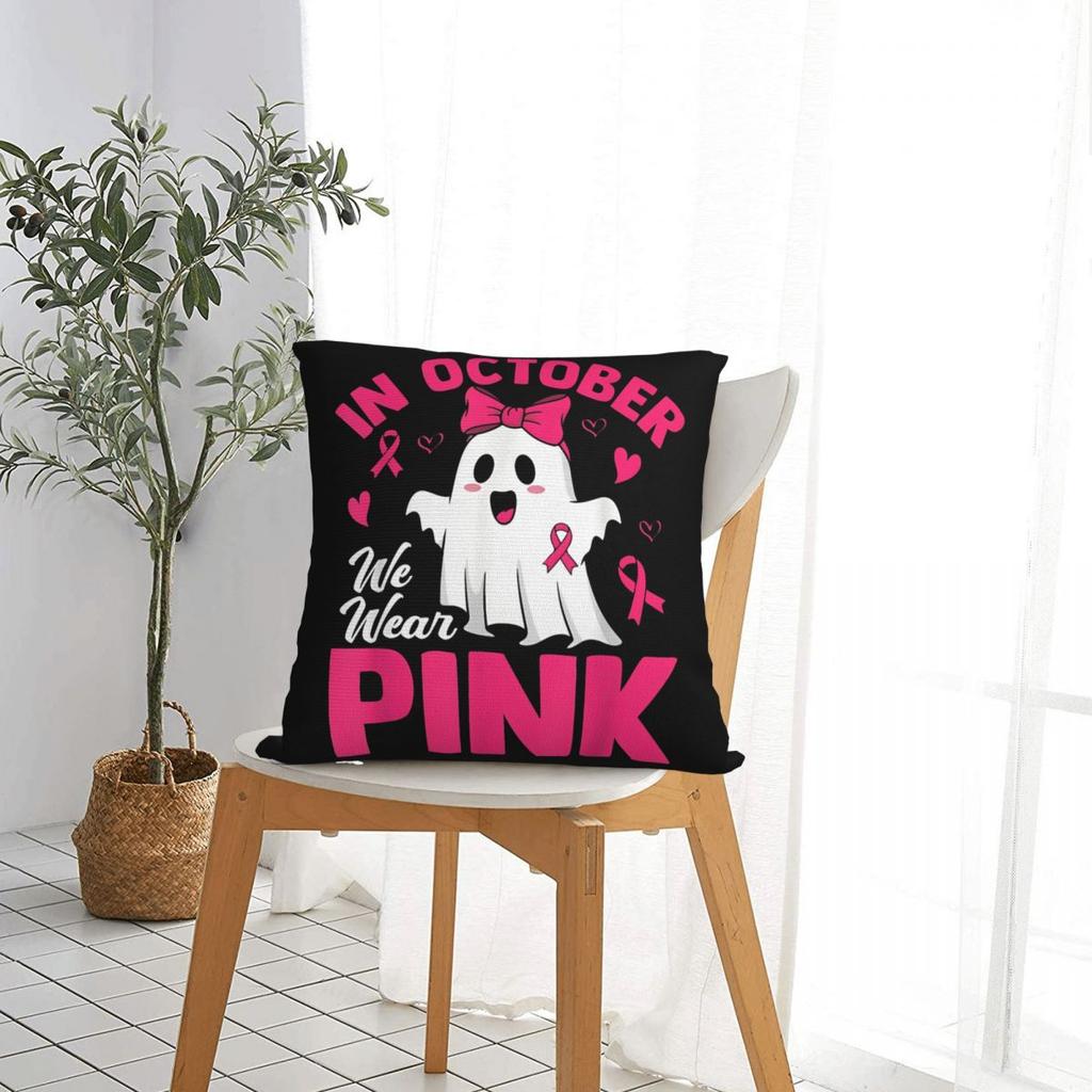 Breast Cancer Women Halloween Girls In October We Wear Pink Throw Pillow Cover Polyester Throw Pillow Customized Pillowcase