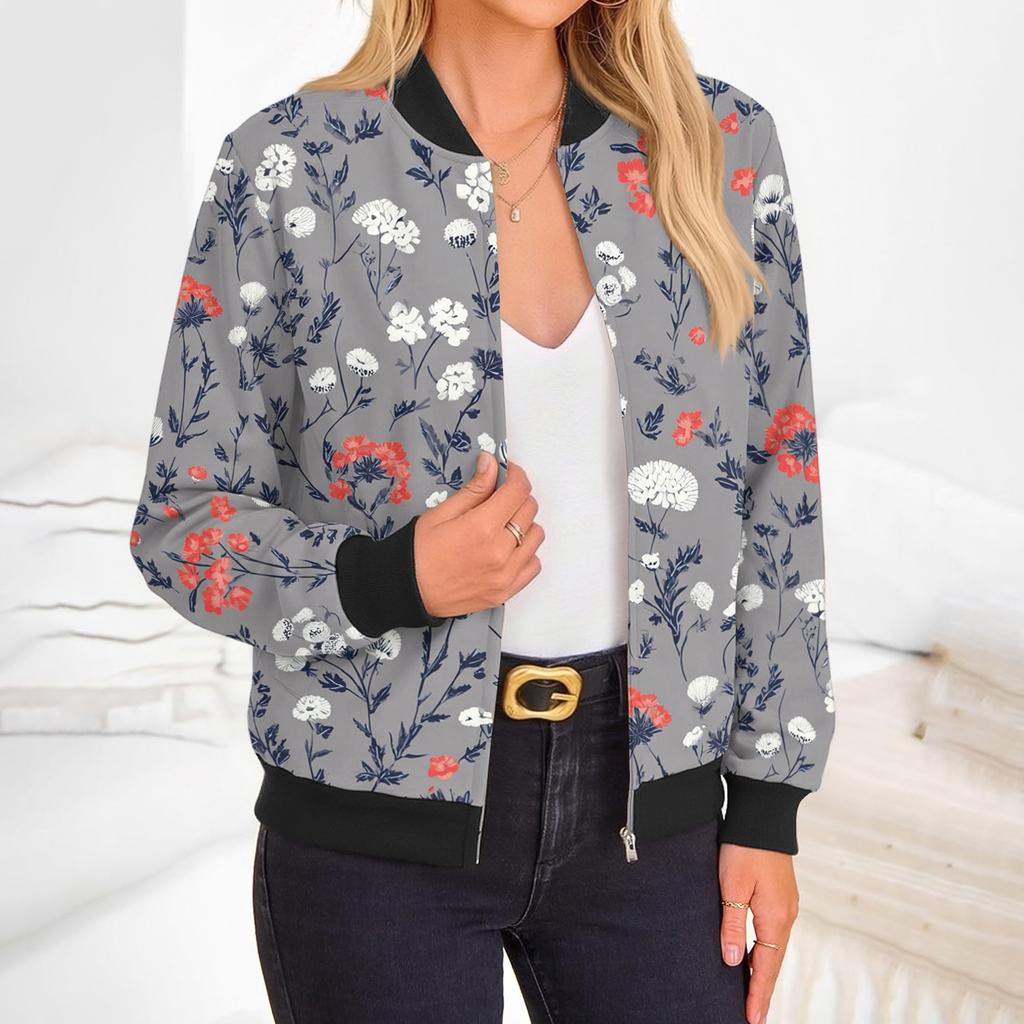 Damenmode Langarm Blumenprint Rundhals Reißverschluss Jacke