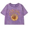 Sunflower And Butterfly Print Washed Tee Shirt Women Casual Retro T Shirts Cotton Tees Clothes New O-Neck Crop Top