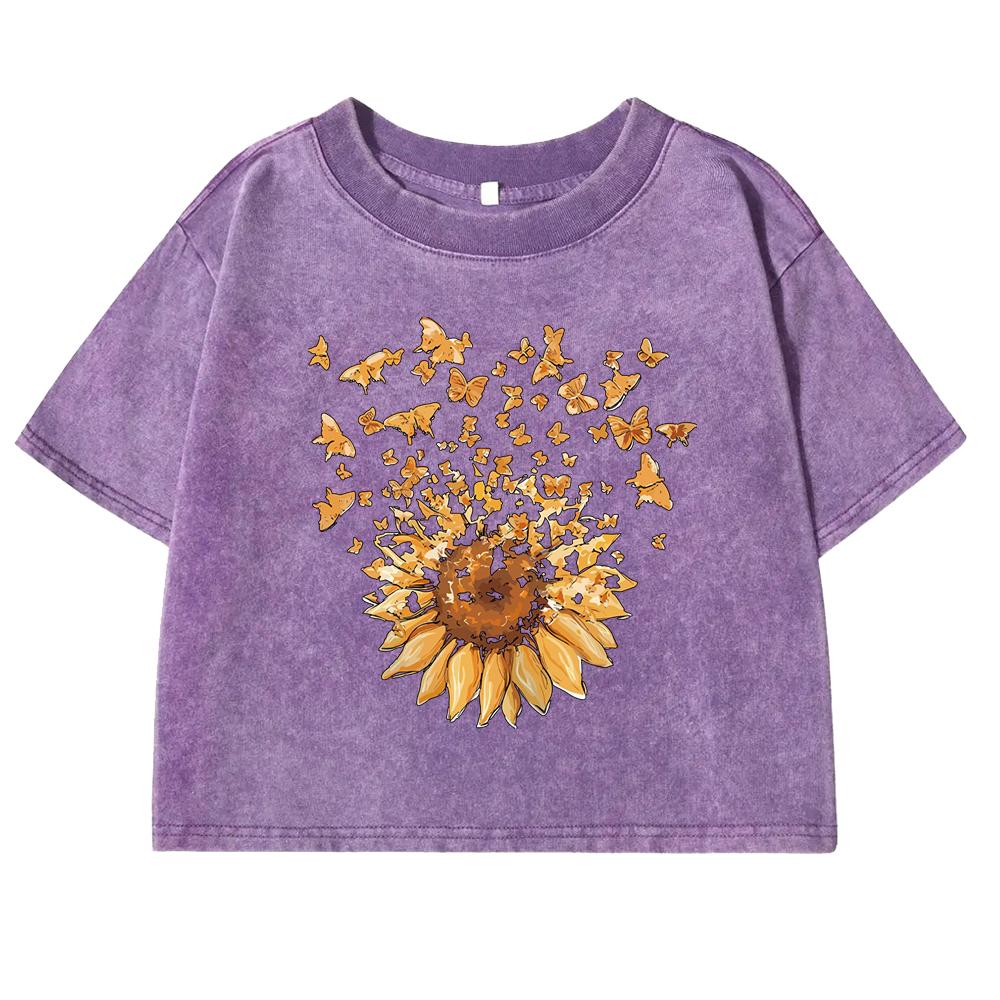 Sunflower And Butterfly Print Washed Tee Shirt Women Casual Retro T Shirts Cotton Tees Clothes New O-Neck Crop Top