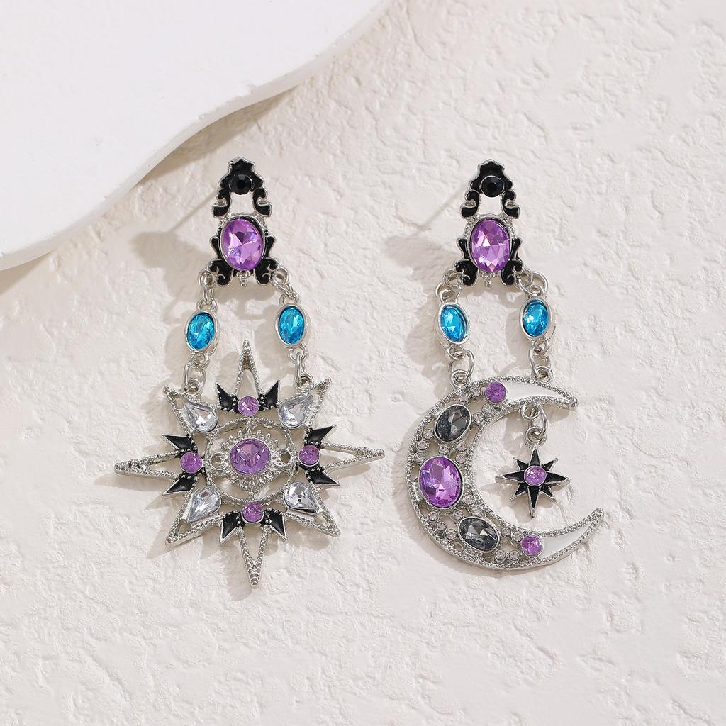 Women Style Star Sun Moon Crystal Asymmetry Dangle Earrings