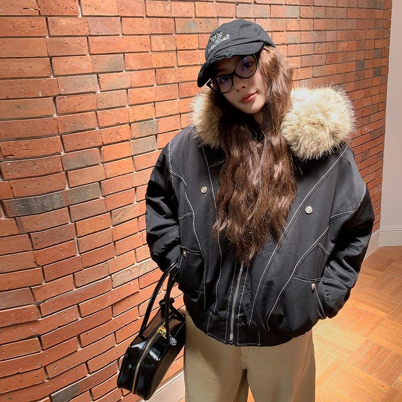New plush cotton jacket with plush inside, retro big fur collar hooded warm short cotton coat.