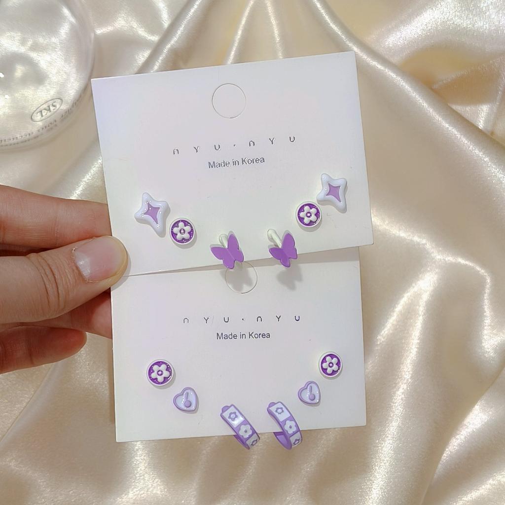 Charm purple three-piece set stud earrings femininity versatile gentle and sweet design set earrings earrings