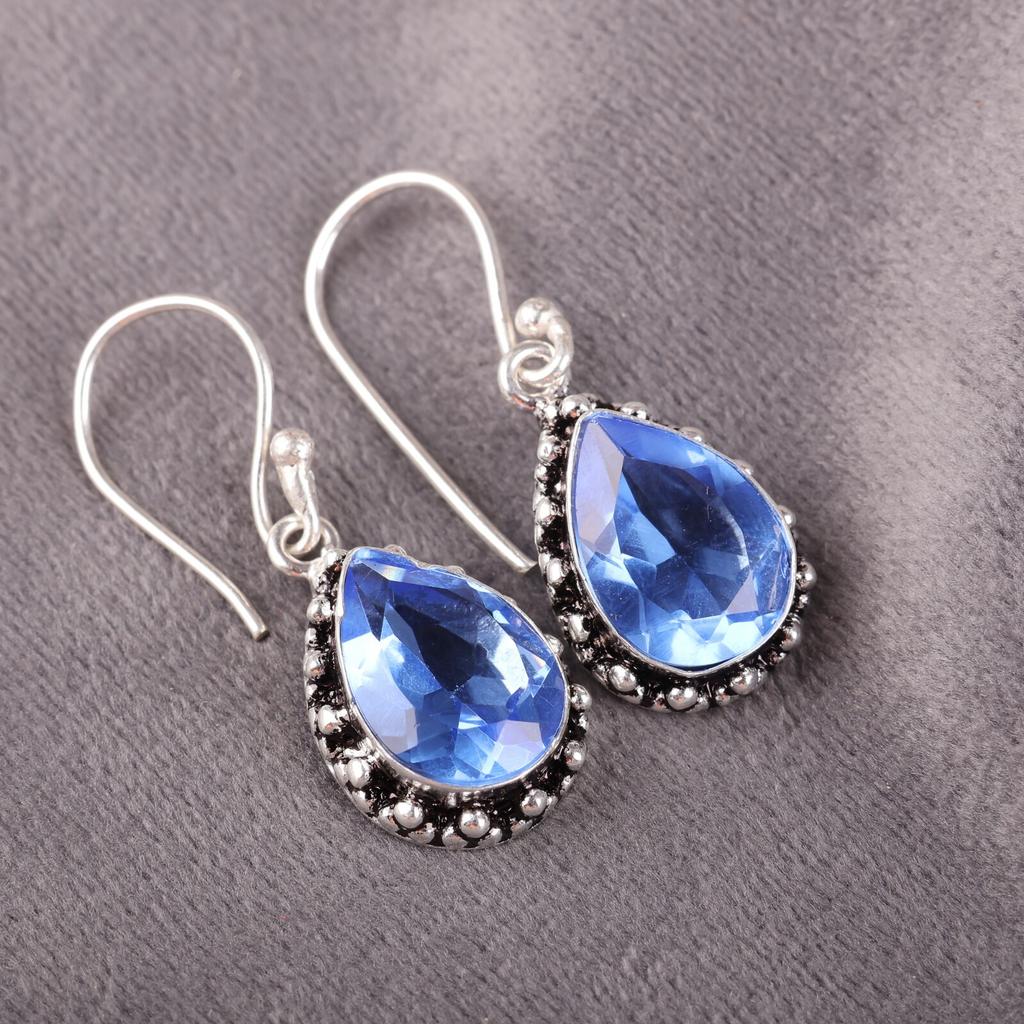 Blue Tanzanite Gemstone 925 Sterling Silver Handmade Earrings 1.41" Gift For Mom EE-97-7